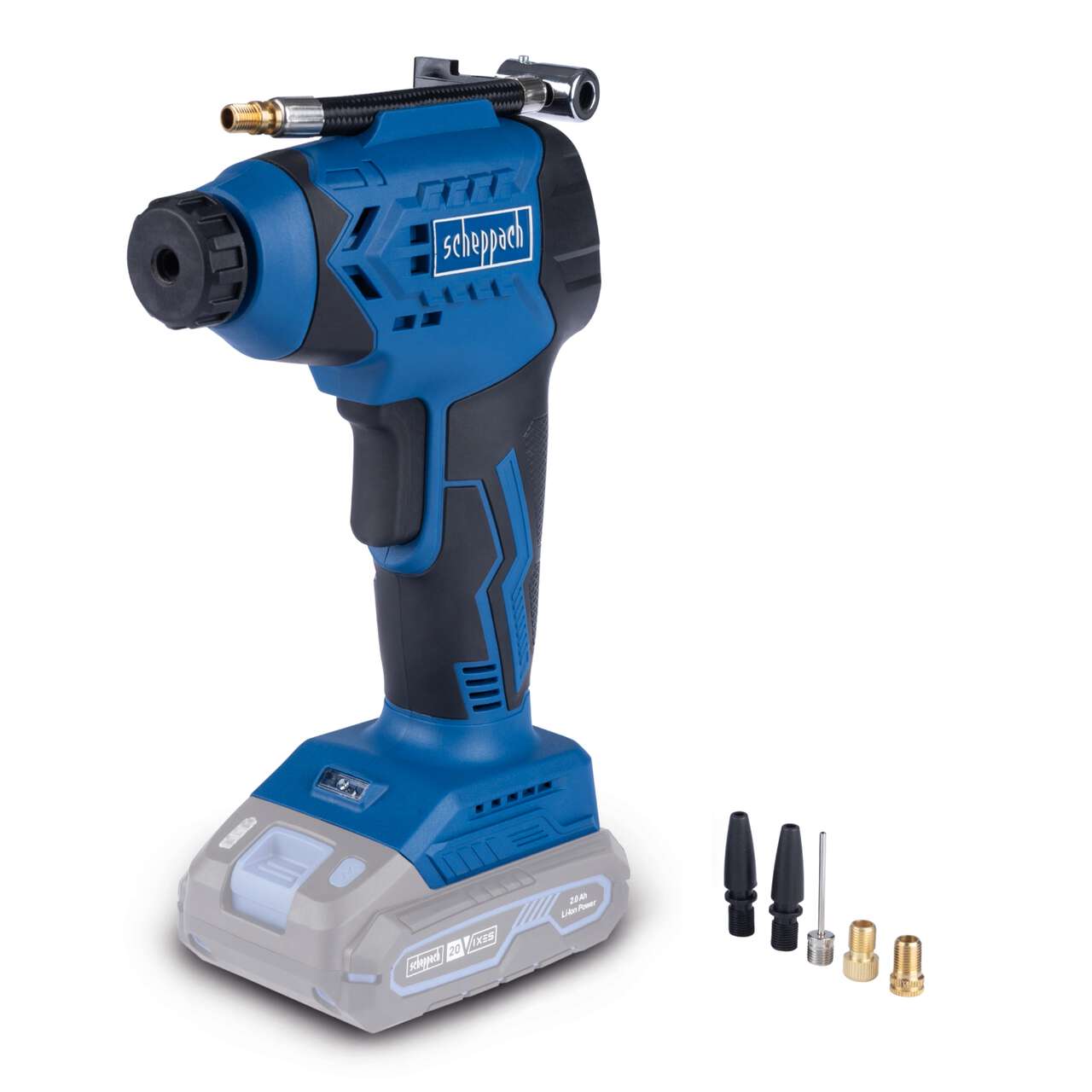 Akku Hand Kompressor C-AC20-X Scheppach 20V - 7 bar Arbeitsdruck | LCD Display | LED Leuchte | 6-tlg Zubehörset | inkl. 2Ah Akku + 2