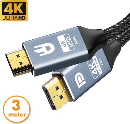 Drivv. Premium Displayport zu HDMI Kabel - 4K 60hz - Nylon - 3 Meter - Grau