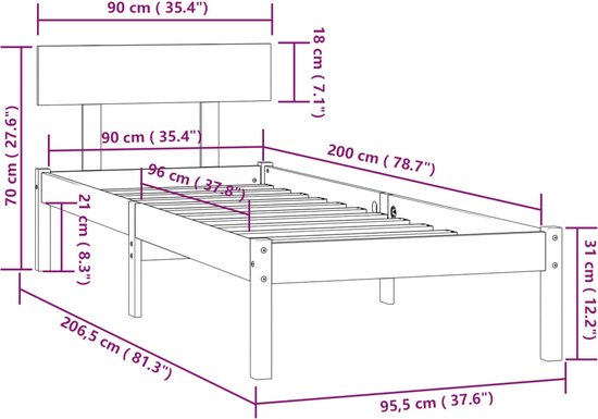 vidaXL - Bettrahmen - massiv - Kiefernholz - honigbraun - 90x200 - cm