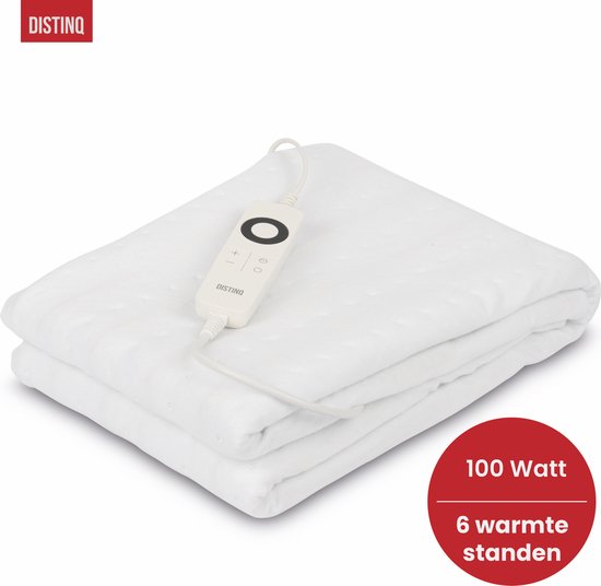 DistinQ Elektrische Heizdecke 100 Watt - 150x80 cm - Automatische Abschaltung - Überhitzungsschutz - 5 Stufen - Einzelne Decke Weiß