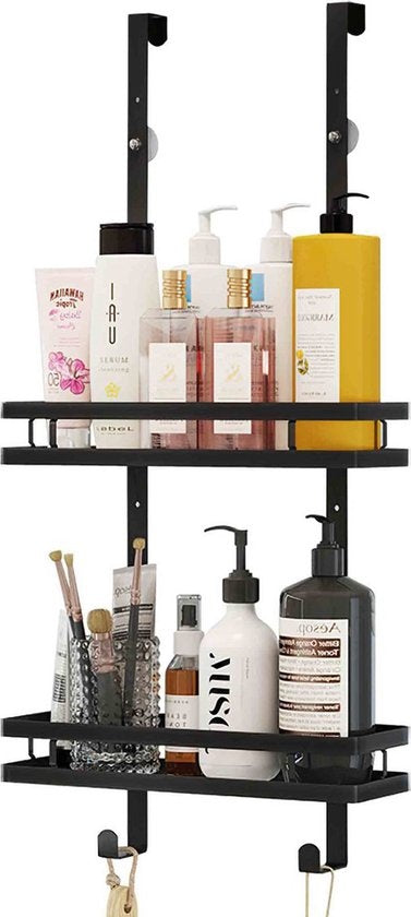 Goliving Shower Rack - Bohrfreie Duschablage - 74 x 35 cm - Hängende Duschablage - Edelstahl - Zweilagig - Schwarz