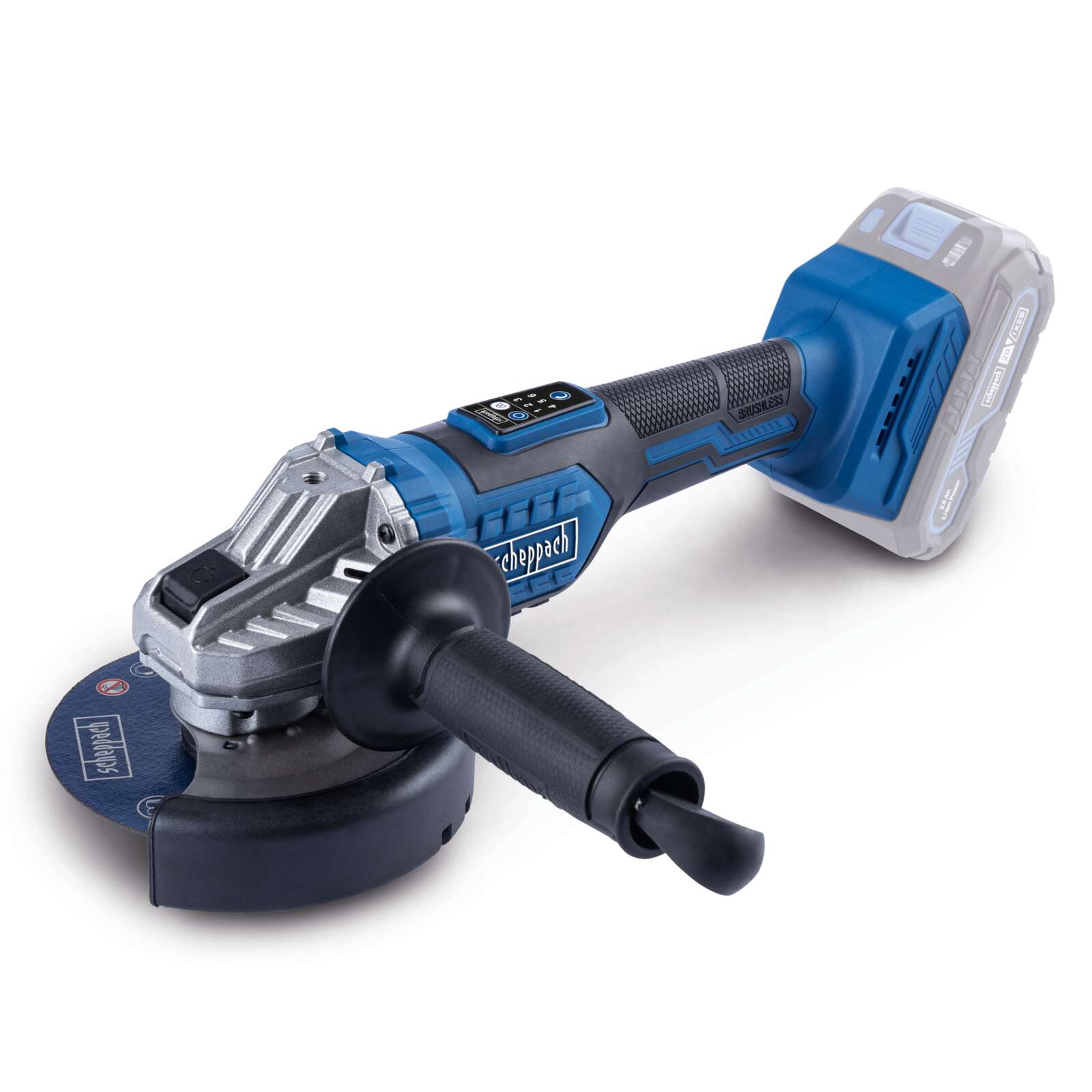 Akku-Winkelschleifer BC-AG125-X Scheppach | Brushless | Schleifscheiben Ø125mm | Drehzahl 3000-10000min-1 | inkl. 2Ah Akku + 2