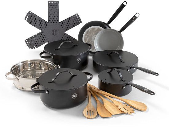 BE Living Essential 6-teiliges Kochgeschirrset - Bratpfannen + Schmortopf + Kasserolle + Soßentopf + Dampfgarer + Kochutensilien + Pfannenschutz - Mit Deckel - Keramik - PFAS frei - Induktion - Schwarz