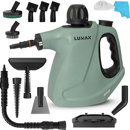 LUMAN 16 in 1 Dampfreiniger C3 - Steam Lock Funktion - Handdampfreiniger - Handdampfer - Fleckenreiniger - Teppichreiniger - Inkl. Aufbewahrungstasche und 16 Aufsätze - 1050 Watt - 450 ML - Grün