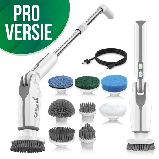 GoScrub® Elektrische Reinigungsbürste - Cleaning Hero V1 - Weiß - Schrubber mit Griff - Polierer - Scheuerbürste - Für Bad und Küche - 8 Aufsätze