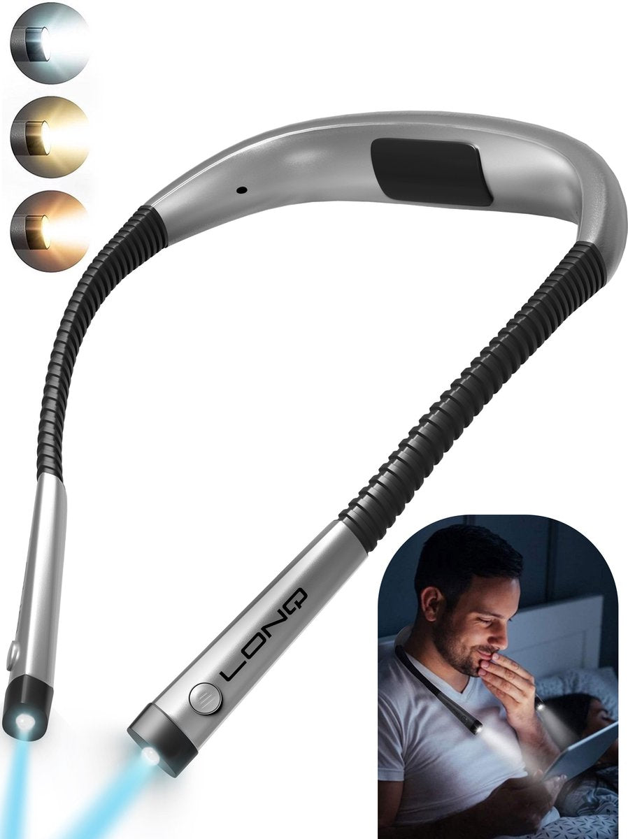 LONQ - Kabelloses Leselicht für Bücher - Leselicht - Nackenlicht - Bettlicht - 9 Lichtmodi - USB wiederaufladbar - gelbes Licht
