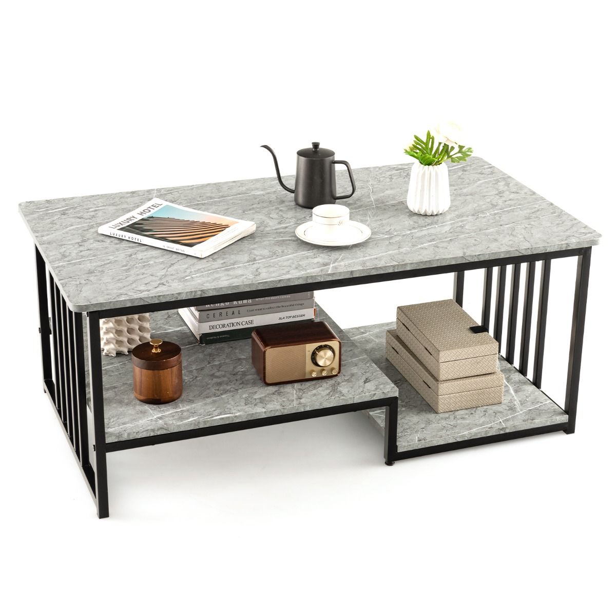 Coast Couchtisch - 2-lagig - Marmoroptik - Max. 50 kg - 110 x 60 x 45 cm - Grau/Schwarz – Bild 2