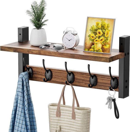 Wandgarderobe mit Regal und 5 Haken - Multifunktionaler Garderobenständer aus Holz für Flur