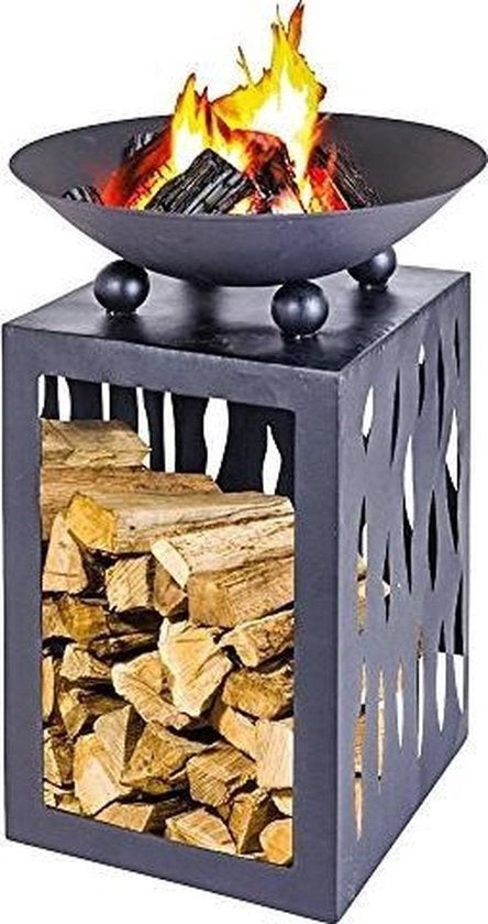 Feuerschale 45 cm mit Holzlagerung für Brennholz - Metall - hitzebeständig - schwarz