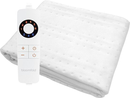 Bloomfold Electric Blanket - 150 x 80 cm - Maschinenwaschbar - 1 Person - 6 Stufen - Mit Timer - Wärmedecke - Weiß/Polyster