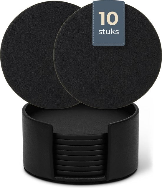 Castagnola Kunstleder-Untersetzer - Untersetzer für Gläser - Design-Untersetzer mit Halterung - Leder-Untersetzer-Set - Leder - 10er-Set - Schwarz