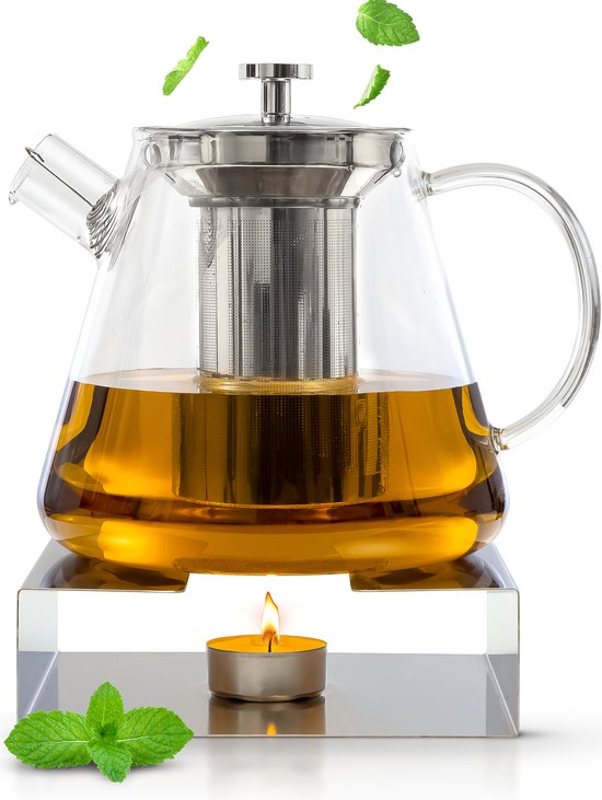 Deleca Glas-Teekannen-Set Klarheit - Mit Edelstahlfilter und Teelichtwärmer - Für losen Tee / Teeblumen - Weihnachtsgeschenk - Borosilikatglas / 1