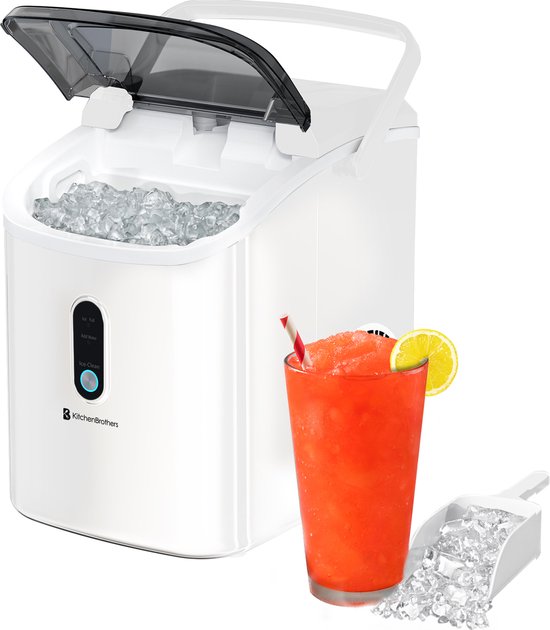 KitchenBrothers Nugget Eiswürfelbereiter - 1.1L - Crushed Ice Maker mit Eisportionierer - Tragbar - 15kg/24 Stunden - Weiß