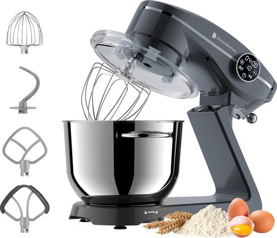 KitchenBrothers Küchenmaschine - Touch Display und Timer - Küchenroboter - 6L - 1800W - Aluminium - Anthrazit