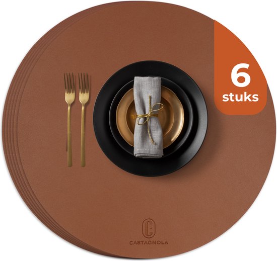 Castagnola Tischsets in Lederoptik - Runde Tischsets - Rutschfestes Kunstleder-Tischset - Wasserabweisende Untersetzer - Untersetzer - 6 Stück - Durchmesser 38 cm - Braun