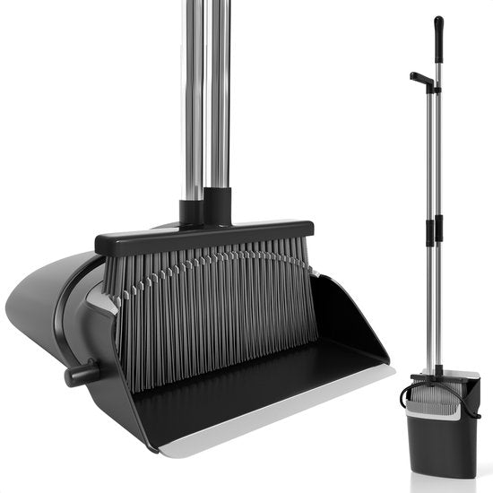 Avalo Kehrschaufel und Bürste mit langem Stiel - Verstellbar 87-127cm - Integrierte Reinigungszähne - Schwarz