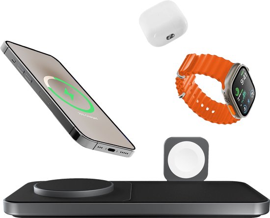 Favolt Site:3 Magsafe 3 in 1 Wireless Charger (MFi/QI) Magnetische Ladestation für iPhone Apple Watch AirPods Space Grau