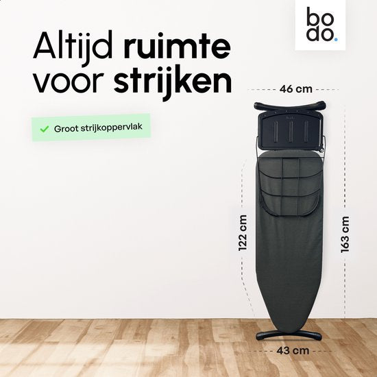 Bodo® - Bügeltisch Ascend Elite - Dampfbügeleisenhalterung - ausklappbare Ablage - 122 x 43 cm - Schwarz