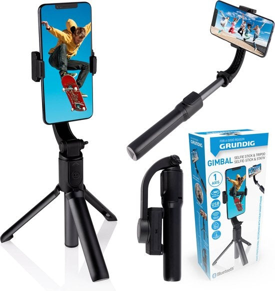 Grundig Gimbal Stabilisator - Selfie Stick - mit Stativ - Automatischer Selfie Stick - Vlogs und Action Bilder