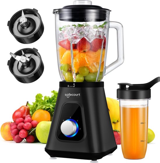 Safecourt Küchenmixer - Leistungsstarker 1200-Watt-Mixer mit To-Go-Becher - 3 Ständer - Schwarz