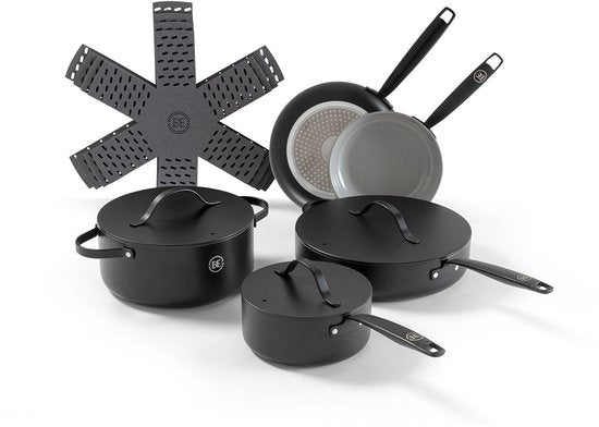 BE Living Essential 5-tlg. Pfannenset - Bratpfannen + Schmorpfanne + Kasserolle + Soßenpfanne + Pfannenschoner - Mit Deckel - Keramik - PFAS-frei - Induktion - Schwarz