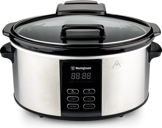 Westinghouse Slowcooker - 6.5L - Edelstahl - Keramik-Innenbehälter - Warmhaltefunktion - Timer - Schwarz