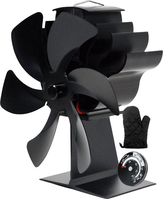 Vulpes Goods® Tech - Ofenventilator für Kaminöfen - Kaminofenventilator - Ecofan - Wärmeventilator - 6 Flügel - Inkl. Thermometer