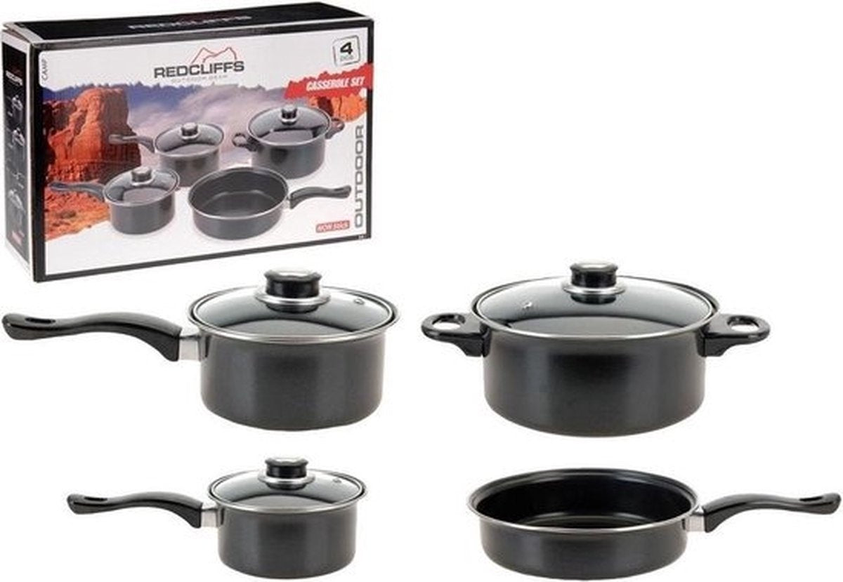 Redcliffs 4-teiliges Kochgeschirr-Set - mit 3 Glasdeckeln - Antihaft - Camping/Camping - Stieltöpfe