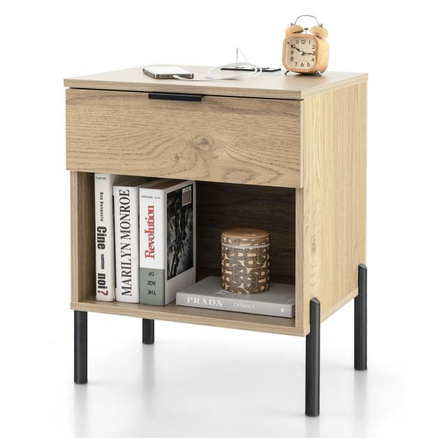 Moderner Nachttisch mit Ladestation Beistelltisch mit Schublade und offenem Ablagefach Tisch mit Holzmaserung und stabilen Metallbeinen Natur – Bild 2