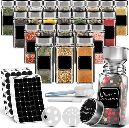 Soothe 24 Glasgewürzdosen quadratisch mit Edelstahldeckel - 2 Arten von Streudeckeln - Gewürzstreuer - Gewürzdosen - Komplettset inkl. Gewürzsticker
