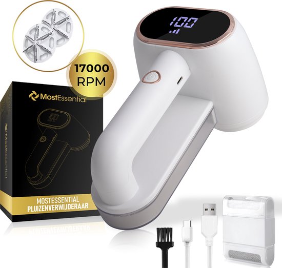 MostEssential - Premium Fusselentferner LR218 - USB-C Schnellladefunktion - Kabellos - 2000 mAh Akku - 17.000 U/min - Weiß