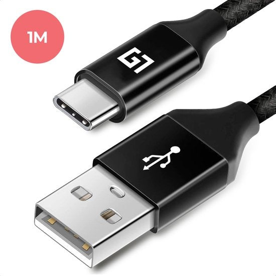 LifeGoods USB-C Kabel - 1M - 2.4A - USB C zu USB-A - Geflochtenes Nylon - Schwarz