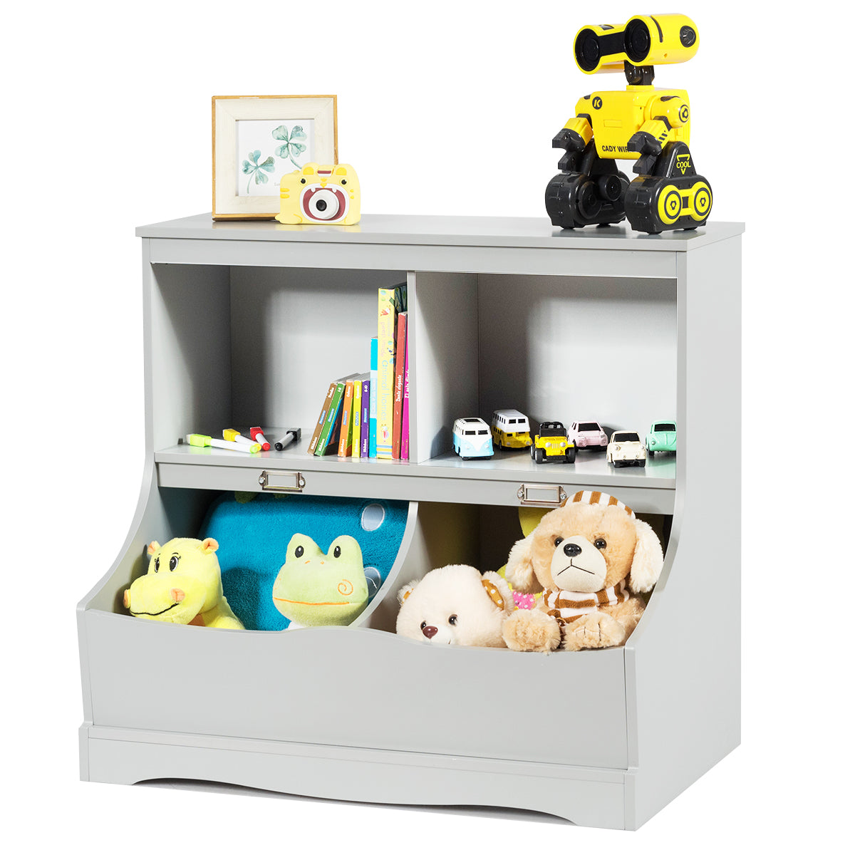 Kinderregal Spielzeugregal mit 4 Fächern Bücherregal für Kinder Aufbewahrungsregal Spielzeugorganisator 67 x 40 x 62 cm Grau