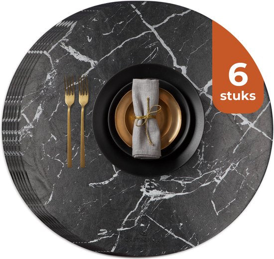 Castagnola Tischsets in Lederoptik - Runde Tischsets - Rutschfeste Kunstleder Tischsets - Wasserabweisende Untersetzer - Untersetzer - 6 Stück - Durchmesser 38 cm - Schwarz/Weiß