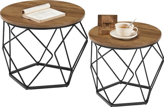O'DADDY® Couchtisch 2er Set - Beistelltisch mit abnehmbarer Platte - Couchtische rund - Beistelltische Wohnzimmer - Tischset - Couchtisch Industrial - Schwarzes Metall