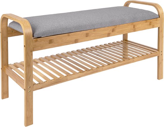 Leitmotiv Bank Arch - Bambus mit grauem Stoff - 90x33x50cm - Skandinavisch