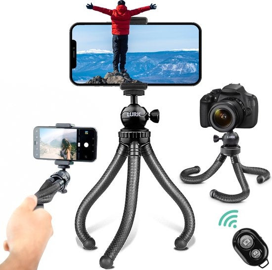 LURKÂ® 3 in 1 Flexibles Octopus-Stativ Stativ für Smartphone & (Action-)Kamera - Inkl. Telefonklemme und Bluetooth-Fernbedienung - 25 cm