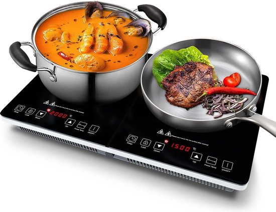 KitchenBrothers Induktionskochfeld - 2 Brenner - Freistehend - 1500W + 2000W - Edelstahl