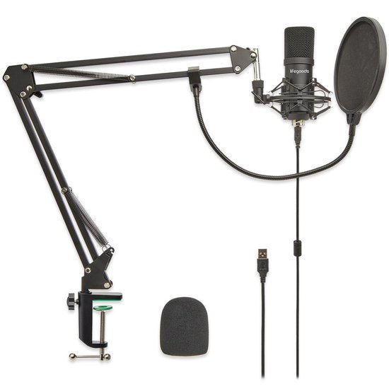 LifeGoods Mikrofon für PC - mit Arm - Gaming-Mikrofon - Streaming - Kondensator - Rauschunterdrückung - Pop Cap - Pop Filter - Schwarz