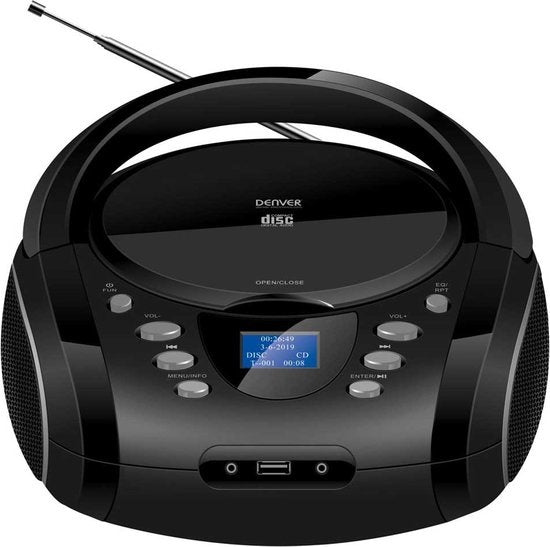 Denver Radio CD-Player - Tragbare Boombox - Bluetooth - DAB-Radio - DAB+/FM-Radio - AUX/USB/SD - LCD-Bildschirm - TDB10 - Schwarz