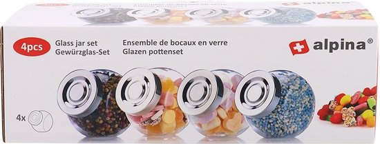 Alpina | Vorratsgläser mit Deckel | 4er-Set Glasgläser mit Deckel | Gewürzgläser | Bonbongläser | Snackgläser