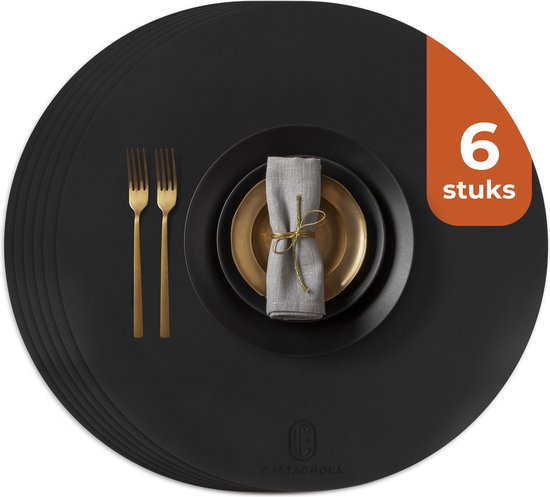 Castagnola Platzsets in Lederoptik - Runde Platzsets - Rutschfeste Kunstleder-Platzsets - Wasserabweisende Untersetzer - Untersetzer - 6 Stück - Durchmesser 38 cm - Schwarz