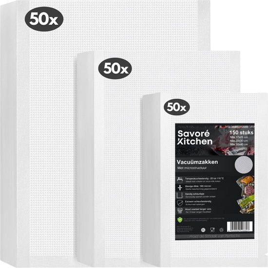 Savoré Kitchen Vakuumbeutel Lebensmittel - Mehrere Größen - 150 Stück - Vakuum- und Sous-Vide-Beutel - BPA frei