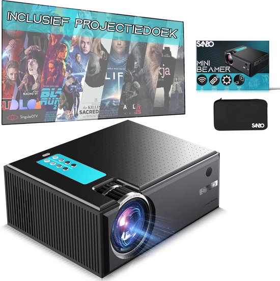 Sanbo Pro Smart Wi-Fi Mini Beamer - Schwarz/Blau - Inklusive Tasche und Projektionsleinwand - 4400 Lumen - Streaming von Ihrem Handy mit WiFi - Projektor