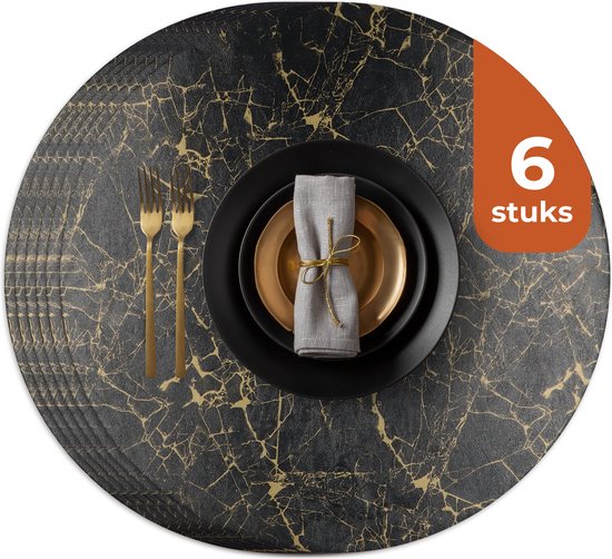 Castagnola Tischsets in Lederoptik - Runde Tischsets - Rutschfeste Kunstleder Tischsets - Wasserabweisende Untersetzer - Untersetzer - 6 Stück - Durchmesser 38 cm - Schwarz/Gold