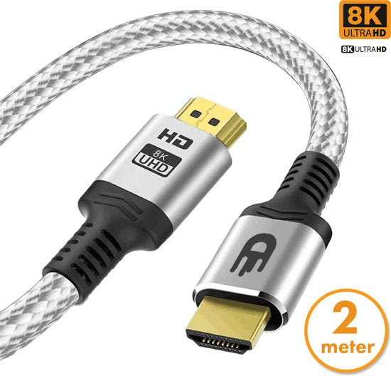 HDMI-Kabel 2.1 - Ultra HD High Speed - HDMI zu HDMI - Geeignet für Xbox Series X & PS5 - 2 Meter - Nylon - Silberweiß