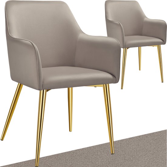 tectake® Esszimmerstuhl Avane - Samtoptik - Gepolsterter Stuhl mit ergonomischen Armlehnen - Schlanke Stahlbeine in Gold - Belastbarkeit 120 kg - Komfortabler Ess- und Küchenstuhl - 2er-Set - Taupe