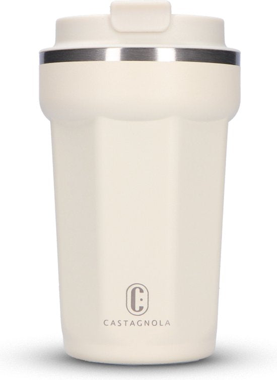Castagnola Thermosbecher - Kaffeebecher To Go - Reisebecher für Kaffee und Tee - Teebecher - 380 ML - Edelstahl - Offwhite - Octagon