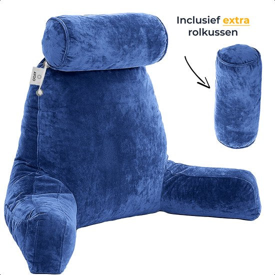 AYOO® Lesekissen - Buchsitz - Bettlesekissen - Buchlesekissen - Meditationskissen - Rückenstütze - Zwei Kissenrollen - Memory Foam - Samt - Marineblau - Feste Unterstützung