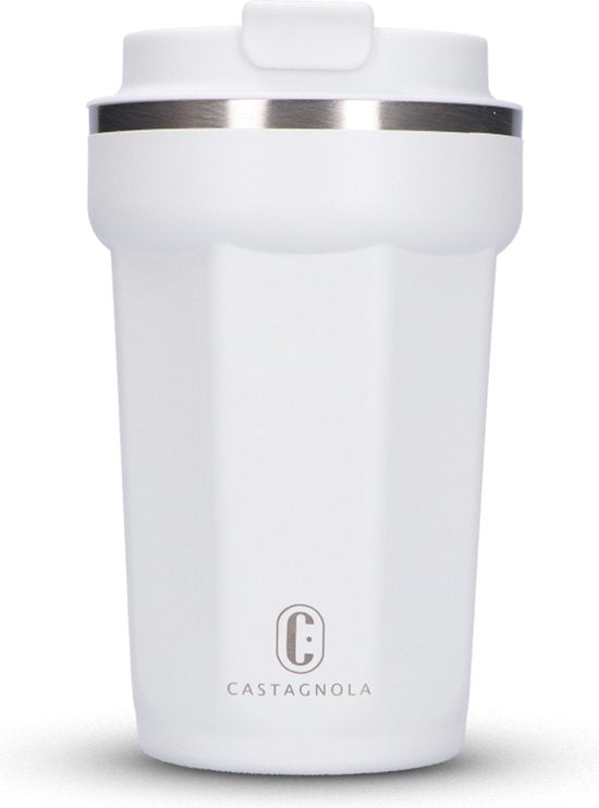 Castagnola Thermos Cup - Kaffeebecher To Go - Reisebecher für Kaffee und Tee - Teebecher - 380 ML - Edelstahl - Weiß - Octagon